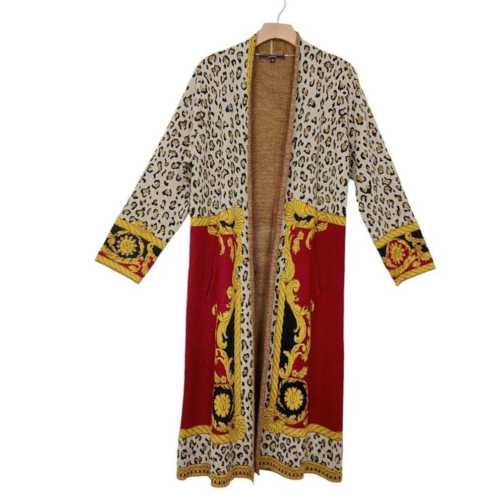 Max Sport Womens Medium Brown Red Open Cardigan Sweater Leopard Print Longline